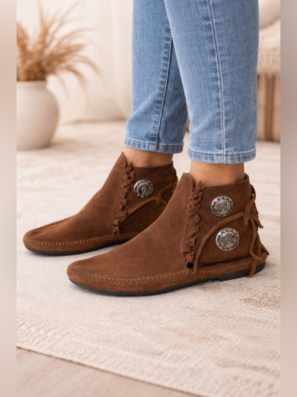 Brown | Suede Leather | Concho Ankle Moccasin Boots | Boho Western Style Fringe